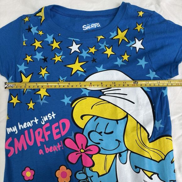 Smurfs Smurfette Blue Shirt Size Youth L 10/12 Heart Smurfed a Beat Peyo - Picture 7 of 9